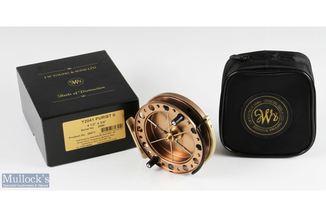 J W Young & Sons Purist II 2041 4 ½” centrepin reel with twin handle, Bickerdyke line guide, - Image 1 of 3