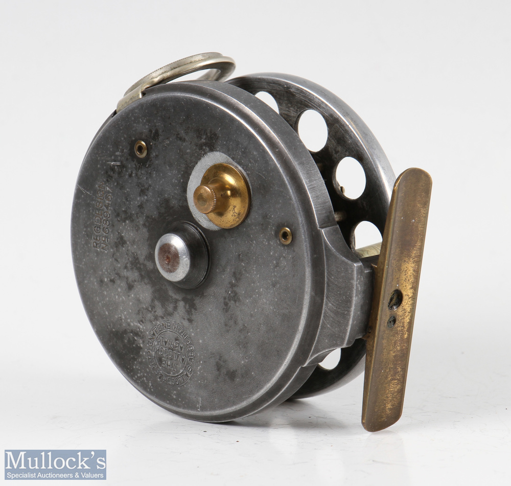 Fine and Rare S Allcock & Co 3” double ventilated Aerial centrepin reel c1923-1934 with twelve large - Image 2 of 2
