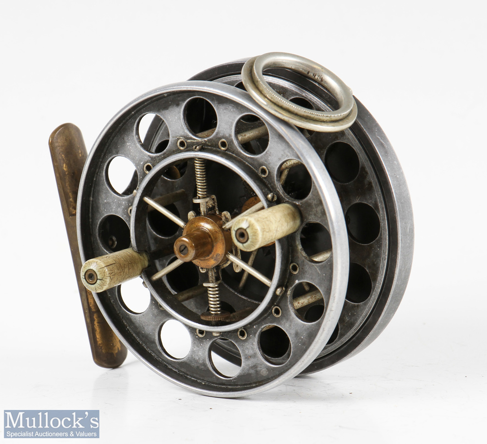 Fine and Rare S Allcock & Co 3” double ventilated Aerial centrepin reel c1923-1934 with twelve large