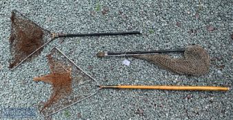 3x Folding Trout Landing Nets all unnamed with brass spring clips, one having wooden handle, all