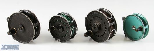 4x J W Young & Sons Fly reels to include 4” Landex with wire line guide n black, a 3 ½” Pridex in