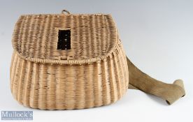 Good French Split Reed Trout Creel with centre slot complete with period leather and canvas strap,