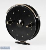 J W Young & Sons Leeds style 4 ½” narrow drum centrepin reel in black finish, twin handle, line