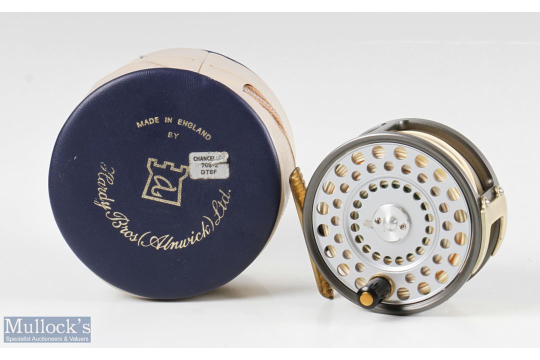 Hardy Bros England The Husky 3 3/8” wide drum alloy fly reel with silent check, ribbed brass foot, U - Image 1 of 3