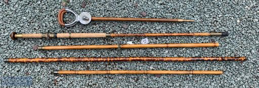 3 Wooden Rod Tip Tubes each with brass end caps, wading staff converted from a whole cane fishing