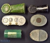 Collection of various fishing maggot bait tins (6) – to incl 2x early japanned gentle shoots, 2x