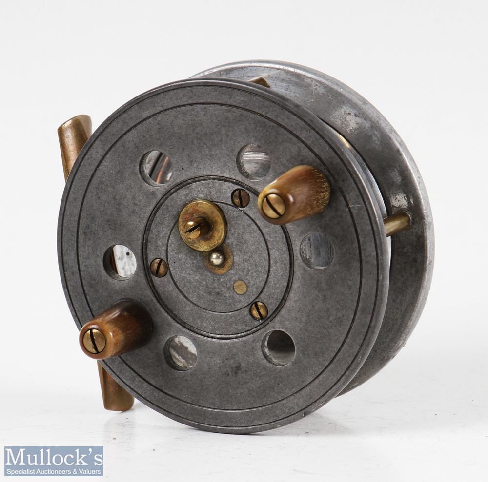 Slater 3” alloy centrepin casting reel with twin horn handles, brass full annular line guard,