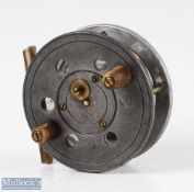 Slater 3” alloy centrepin casting reel with twin horn handles, brass full annular line guard,