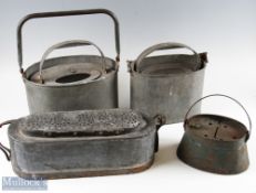 4x Fishing Alloy Live Bait Kettles – 2x zinc examples with perforated internal buckets, largest 8”