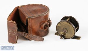 C Farlow & Co 121 Strand London c1895, 2” ebonite and brass trout fly reel and leather case in the
