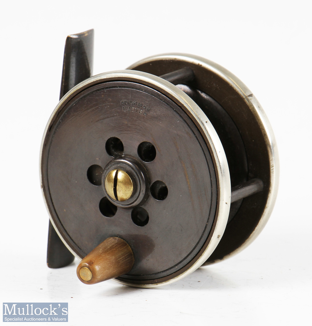 Prickman of Exeter brass and ebonite 2 3/8” trout fly reel with horn handle, German nickel silver