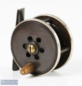 Prickman of Exeter brass and ebonite 2 3/8” trout fly reel with horn handle, German nickel silver