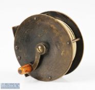 Early 3 ½” A Allan Glasgow all brass narrow drum fly reel with curved crank arm, maker’s mark to
