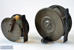 Phin Maker, Edinburgh brass salmon reel and a unnamed brass folding handle wide drum salmon reel (2)