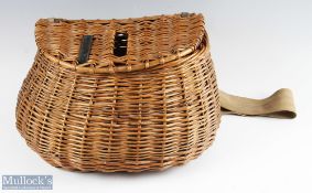 Large Pot Belly Wicker Fishing Creel with centre slot complete with period leather and canvas