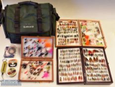 3x Wooden Fly reservoirs featuring a double sided case containing approx. 400 Salmon flies, singles,