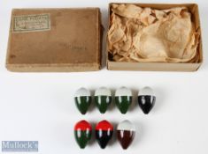 An Allcock Card Box with 7x Bung Floats each 2” size in mixed colours, box having Allcocks label