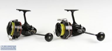 2x Mitchell 486 fixed spool sea reels both with inwards turning handles, on/off check, each with