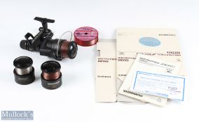 Shimano 8010 baitrunner aero spinning reel plus 2x spare spools, torpedo folding handle, rear