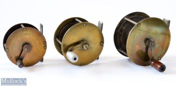 3x various Brass Crank Wind Reels – 3” wide drum with slim curved arm fitted with wooden handle – no