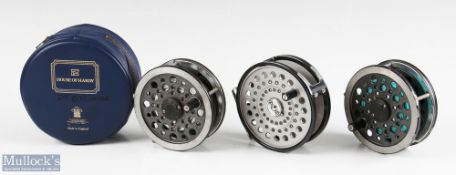 2x J W Young & Sons 3 ½” alloy fly reels both spins well, with line, surface wear, together with