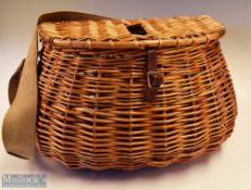 Pot-Bellied wicker fishing creel measuring 44x23x30cm approx., with leather buckle and strap, and