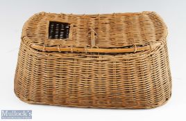 Wicker Fishing Creel of wide shape with slot to lid with peg clasp and handle to rear, overall 8”h x