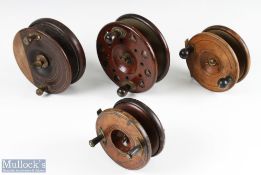 4x Large wood and brass sea reels featuring a Sun Patent 1885 6” brass star back, an S Allcock