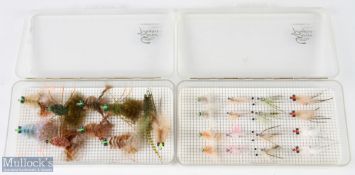 Enrico Puglisi Fishing Flies – 16x shrimp flies and 12 crab flies, housed in 2 makers clear