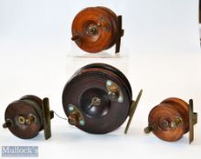4x various Nottingham wooden and brass star and strap back reels - 3x brass star backs, 2x with on/