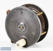 PD Malloch 3 3/4” alloy fly reel with brass pillars, smooth brass foot, white handle, with period
