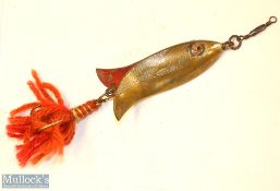 Scarce unnamed Allcocks glass eyed brass Clipper fishing bait – 3” long body, twin glass eyes in