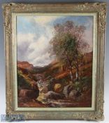 Roe, Clarence (1870-1909) oil on canvas of Highland Fishing Scene – featuring a fisherman in the