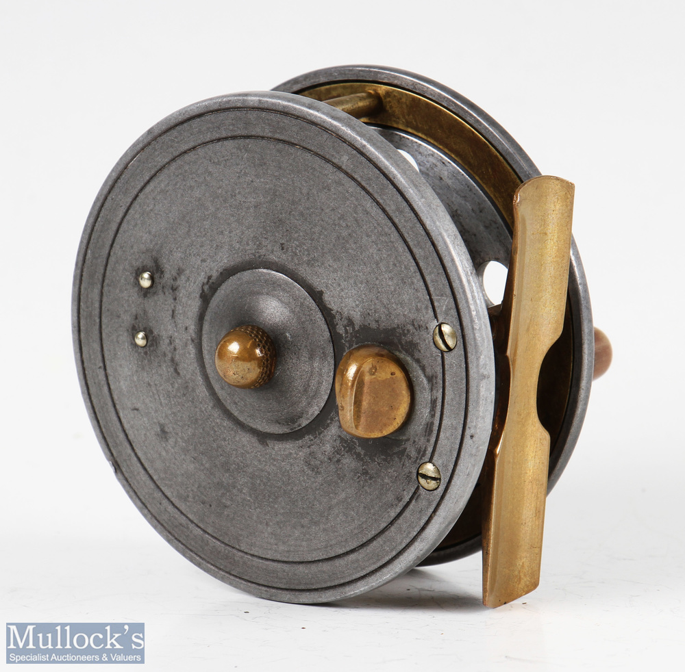 Slater 3” alloy centrepin casting reel with twin horn handles, brass full annular line guard, - Image 2 of 2