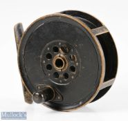 S Allcock & Co stamped Moscrop Manchester 4” patent brake brass fly reel in black finish, screw