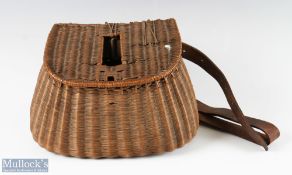 Early 20th century French Reed Small Fishing Creel with centre slot and period leather strap, hinges