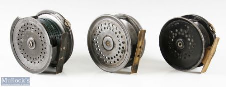 C Farlow & Co London 4 ¼” alloy fly reel with Holdfast trading logo perforated face, constant silent