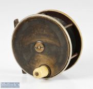 P D Malloch Perth 4 ½” brass and ebonite fly reel with nickel silver rims, large white handle,