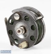 Unnamed Wilkes Osprey style 3” alloy centrepin reel with perforated face, alloy foot and strapback