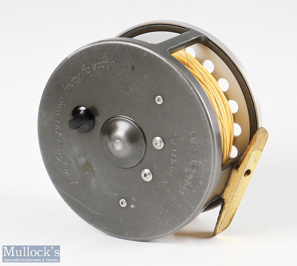 Hardy Bros England Salmon No.3 wide drum alloy fly reel ribbed brass foot, quick release, rear - Image 3 of 3