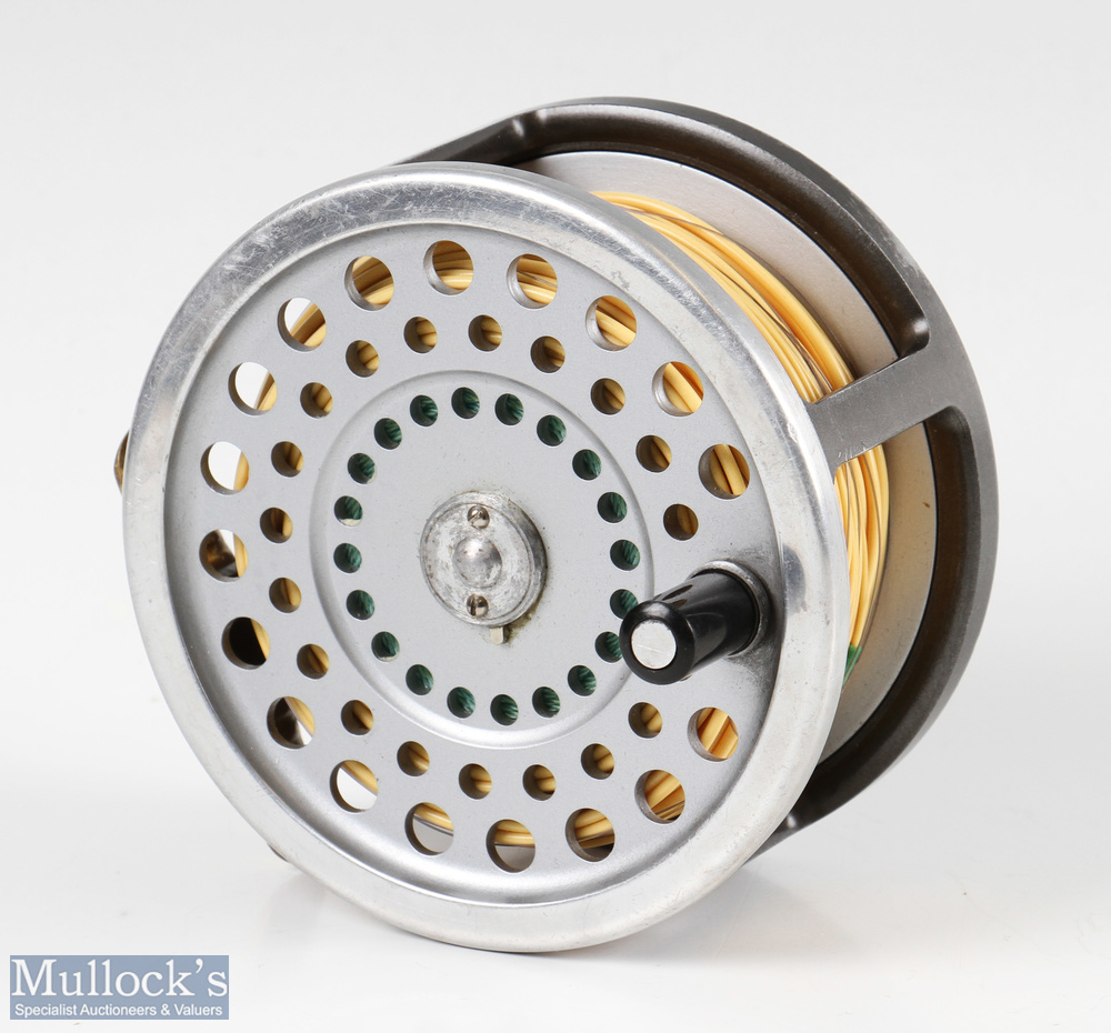 Hardy Bros England Salmon No.3 wide drum alloy fly reel ribbed brass foot, quick release, rear - Image 2 of 3