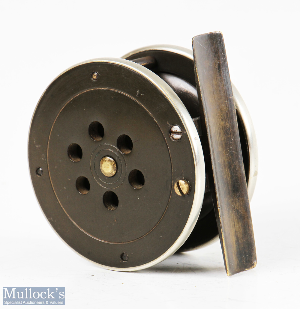 Prickman of Exeter brass and ebonite 2 3/8” trout fly reel with horn handle, German nickel silver - Image 2 of 2
