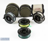 2x Okuma Integrity I 10/11 black 4 ¼” Salmon fly reels and spools fully ventilated, with capstan