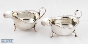 2 Hallmarked Silver Sauce Boats each with shaped rims on 3 raised feet, one hallmarked Birmingham