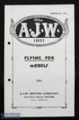 A.J.W. Motor Cycles 1931 Sales Catalogue. A period 4 page Sales Catalogue, illustrating three