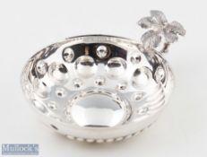 White Metal Wine Tasting Tastevin Cup with concave circle design and repousse lines with grape and