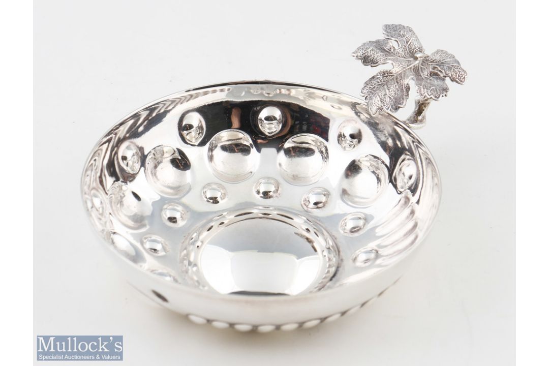 White Metal Wine Tasting Tastevin Cup with concave circle design and repousse lines with grape and - Image 1 of 2