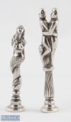 2 Modern Hallmarked Silver Cast Seal Stamps one having figural design the other of a mermaid, both