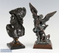 19th Century Bronze Bust of Greek Ajax mounted on square wooden base, with a later Michelangelo