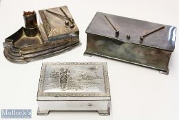 Golfing Design Desk Cigarette Boxes (3) one silver plated with golf club and ball design, another